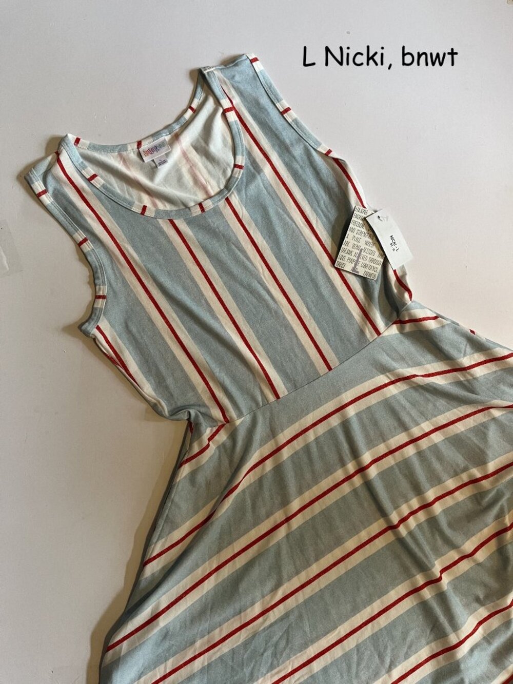 LuLaRoe Light Blue, White & Red Striped Midi Dress